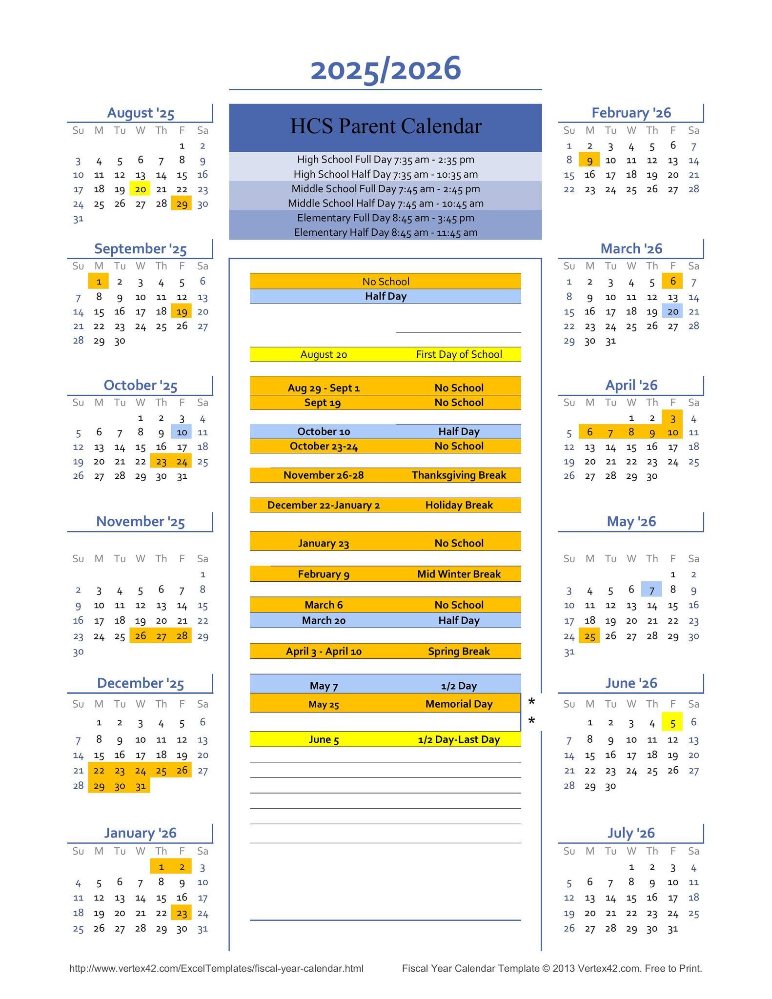 HCS Student Calendar 2025-2026